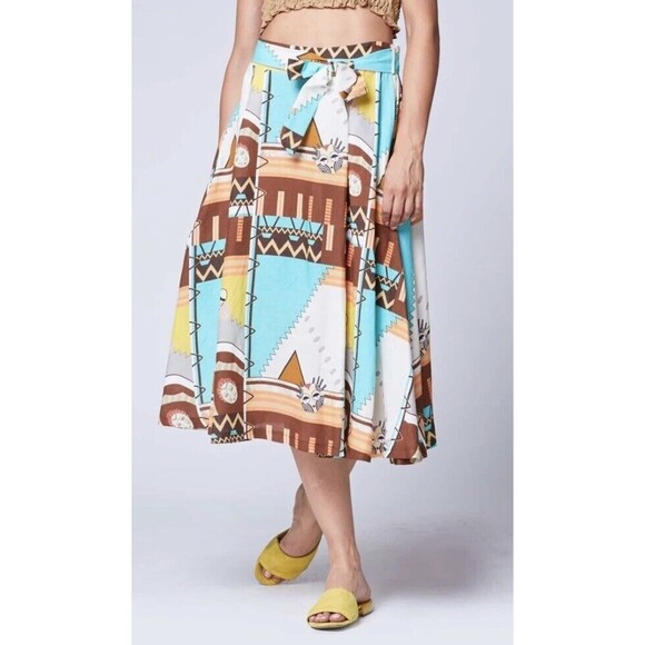 Baci Linen Blend Aztec Patchwork Belted Maxi Skirt Made In Italy Size Small S - Picture 4 of 10